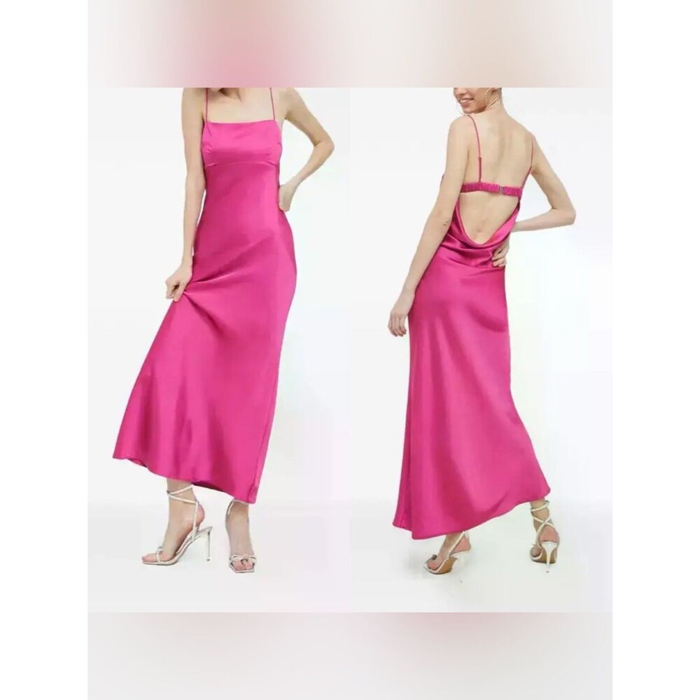 Abercrombie & Fitch Satin Cowl Back Slip Midi Dress in Hot Pink NWT! Size XS
